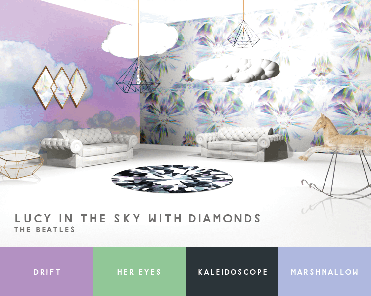 Illustration of living room inspired by the Beatles song "Lucy in the Sky with Diamonds"