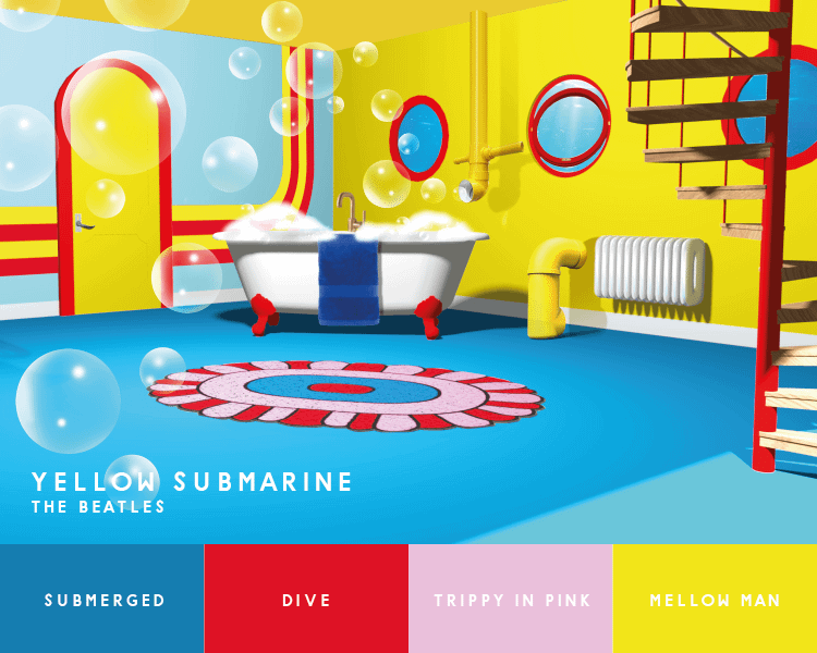 Illustration of bathroom inspired by the Beatles' "Yellow Sumbarine"